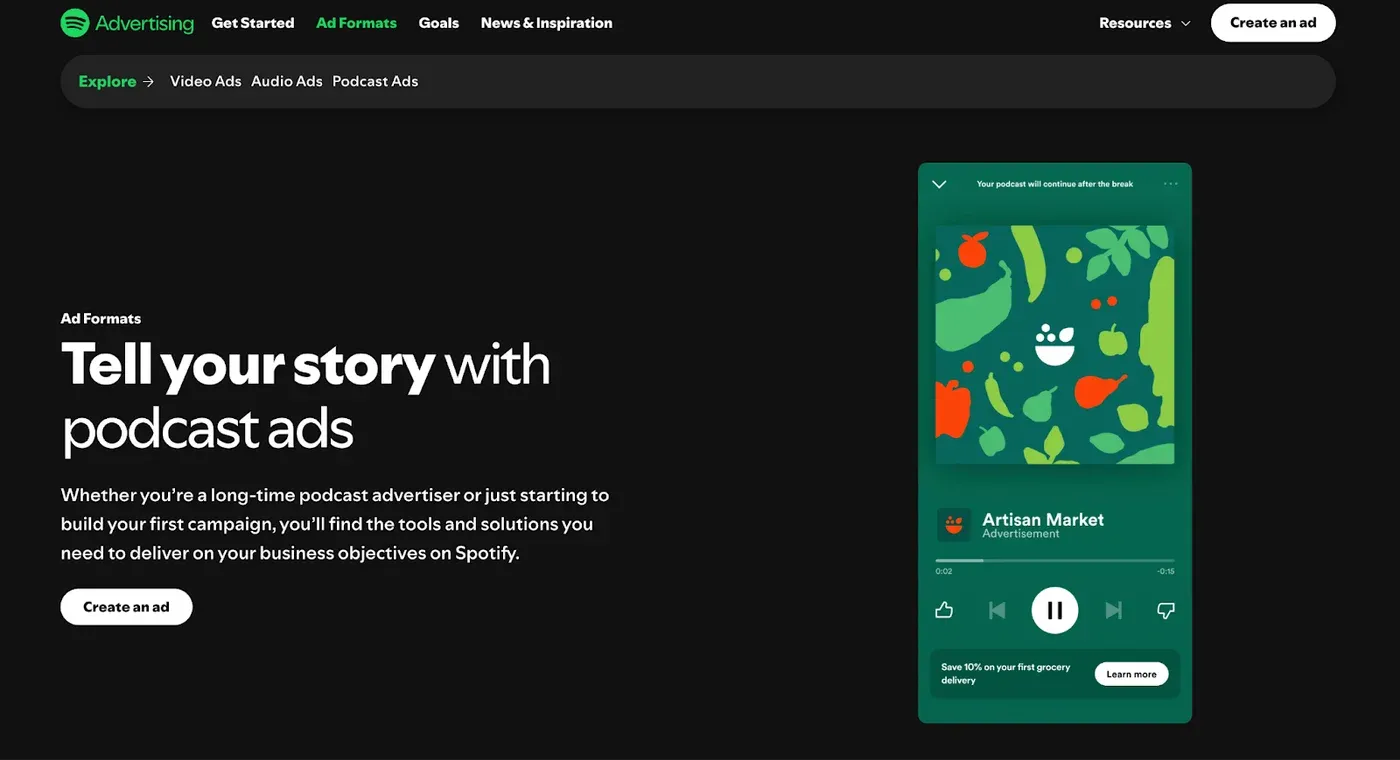 Spotify Advertising Ad Formats page headlined "Tell your story with podcast ads" beside a mock podcast ad player.