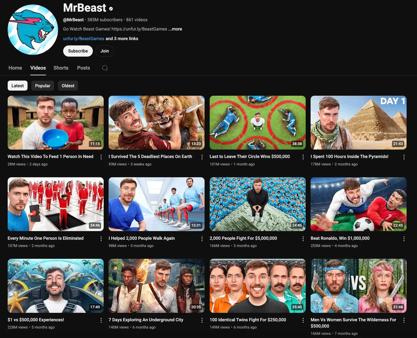 MrBeast YouTube channel Videos tab showing a grid of high-contrast video thumbnails with bold expressive faces