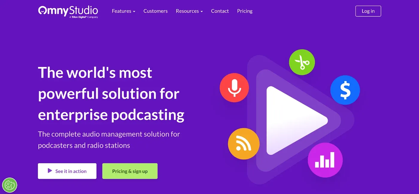 Omny Studio homepage headlined "The world's most powerful solution for enterprise podcasting" on a purple background.