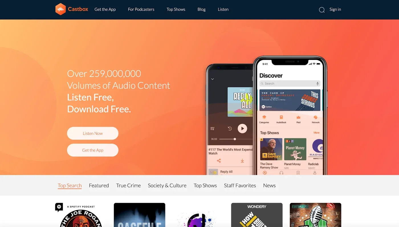 Castbox homepage on an orange gradient reading "Over 259,000,000 Volumes of Audio Content Listen Free, Download Free."