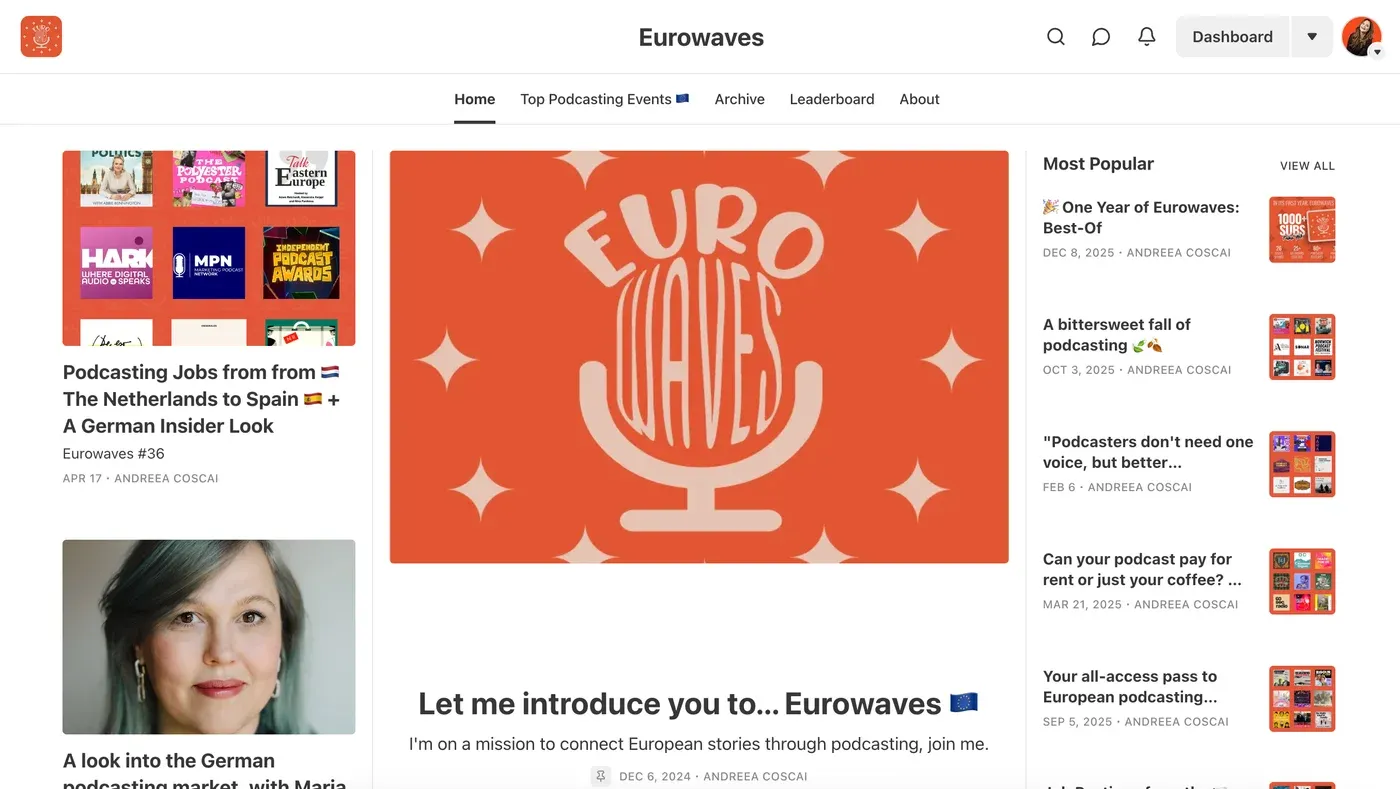 The Eurowaves newsletter homepage on Substack, with its orange microphone artwork and posts about European podcasting