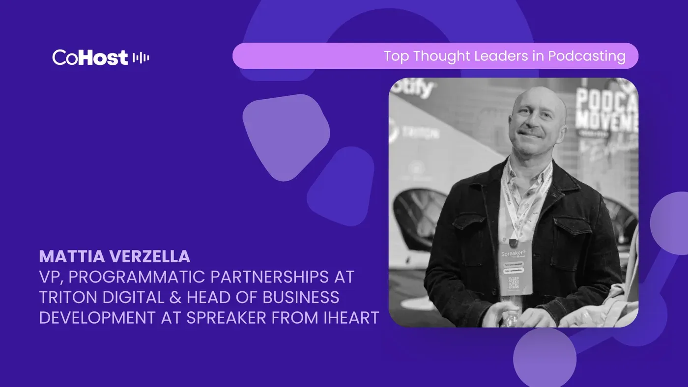 "Mattia Verzella" card, VP Programmatic Partnerships at Triton Digital, with his black-and-white photo at a Spreaker event