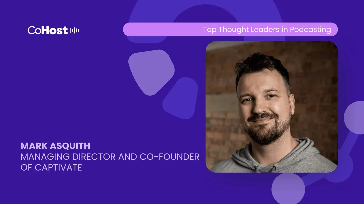 CoHost card titled "Mark Asquith, Managing Director and Co-Founder of Captivate" with his photo against a brick wall