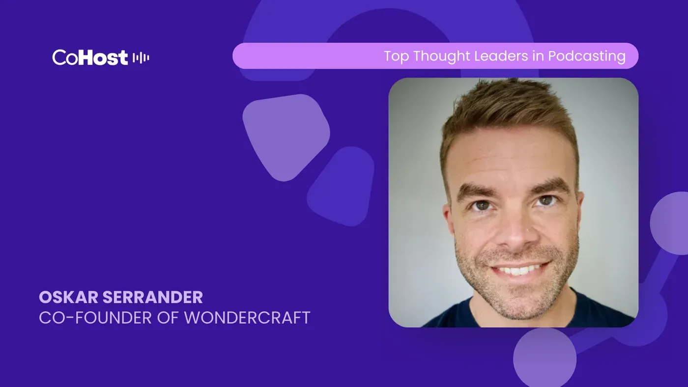 Headshot of Oskar Serrander on a purple CoHost card titled "OSKAR SERRANDER, CO-FOUNDER OF WONDERCRAFT"